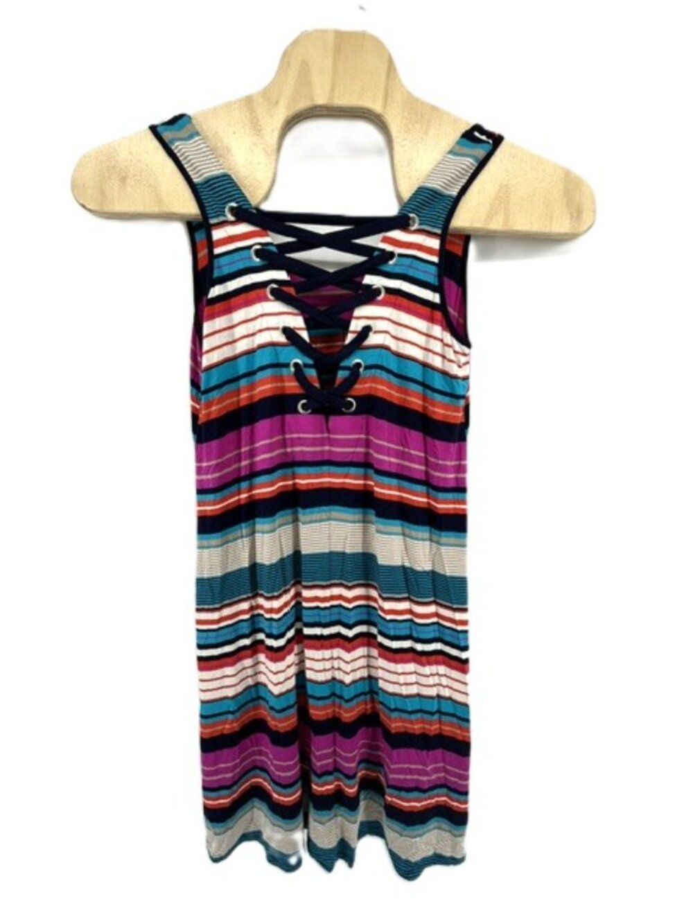 Spense Multi-colored Rainbow Striped Knit Dress Size Large Lace-up Grommet Neckl - Picture 1 of 7